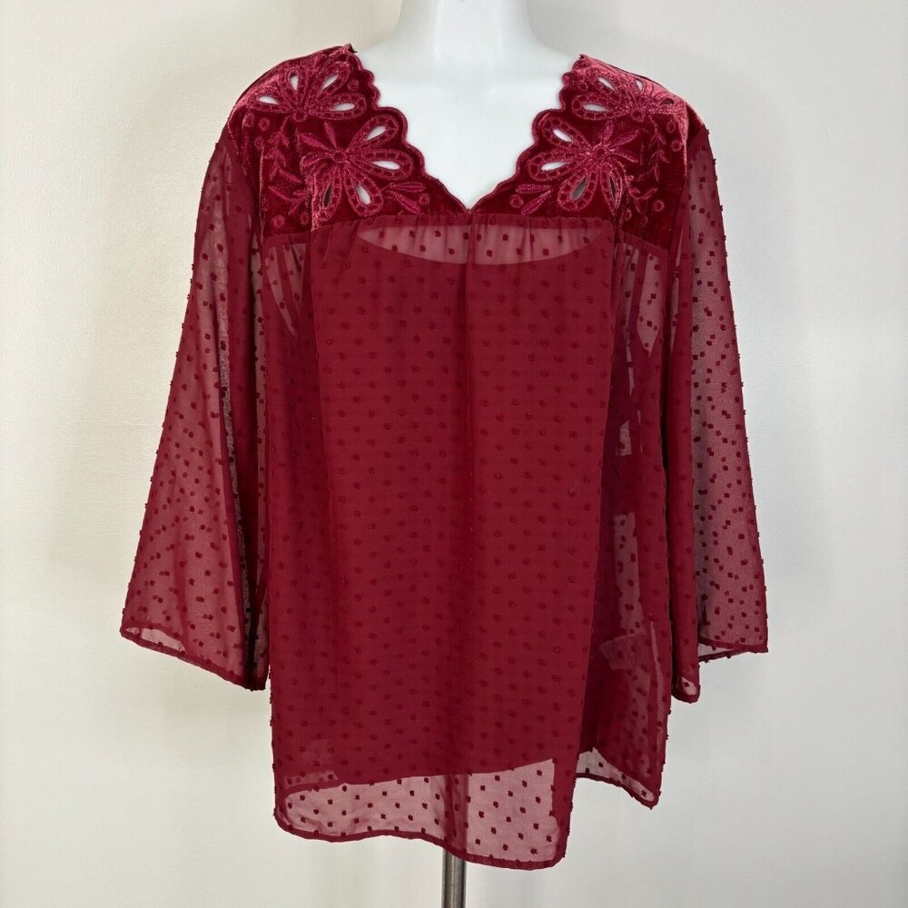 Style & Co Top Large Burgundy Clip Dot Velvet Embroidered 3/4 Sleeve Blouse NWT